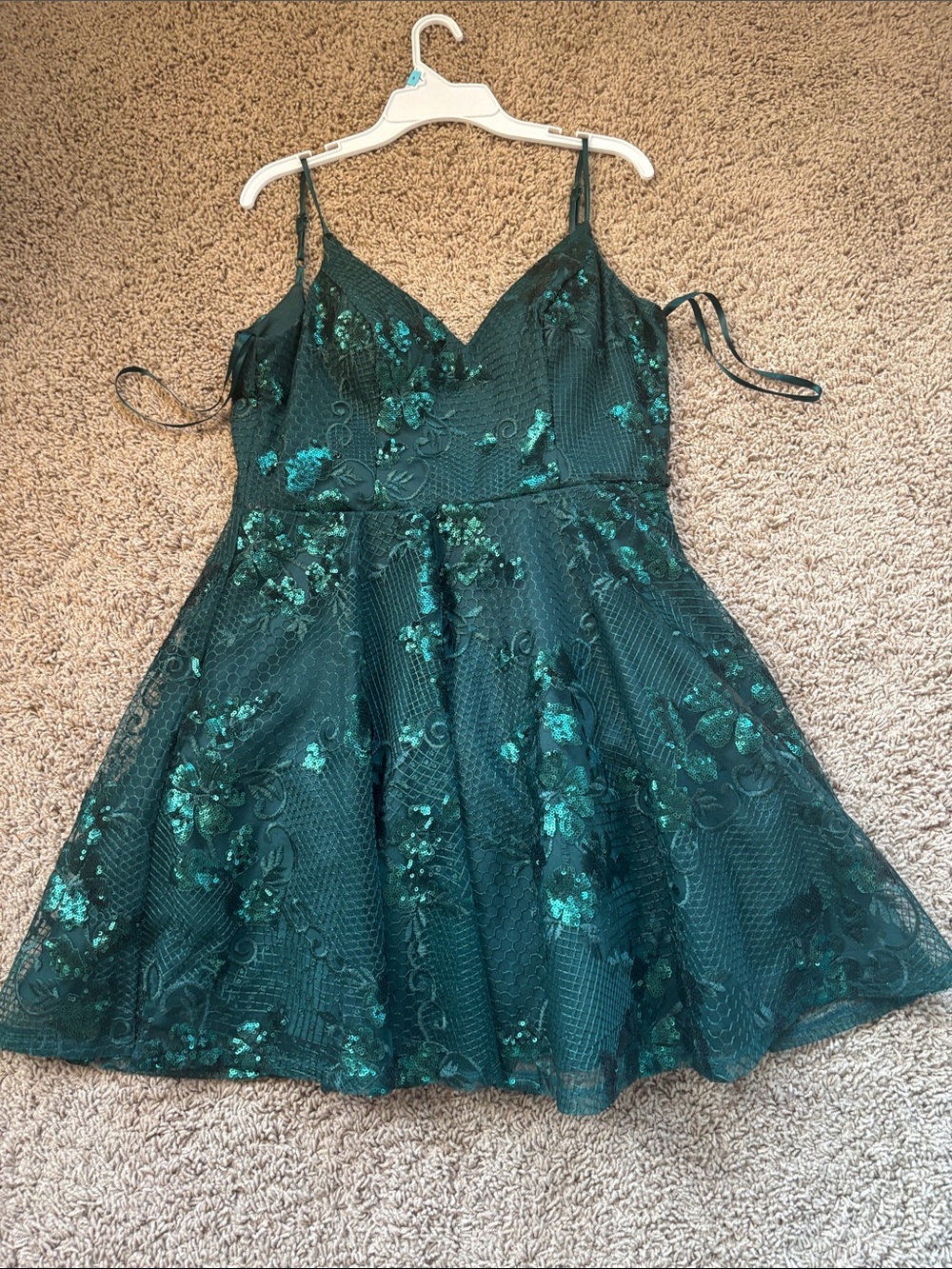 Dark Green Floral Lace Spaghetti-Strap Party Dress